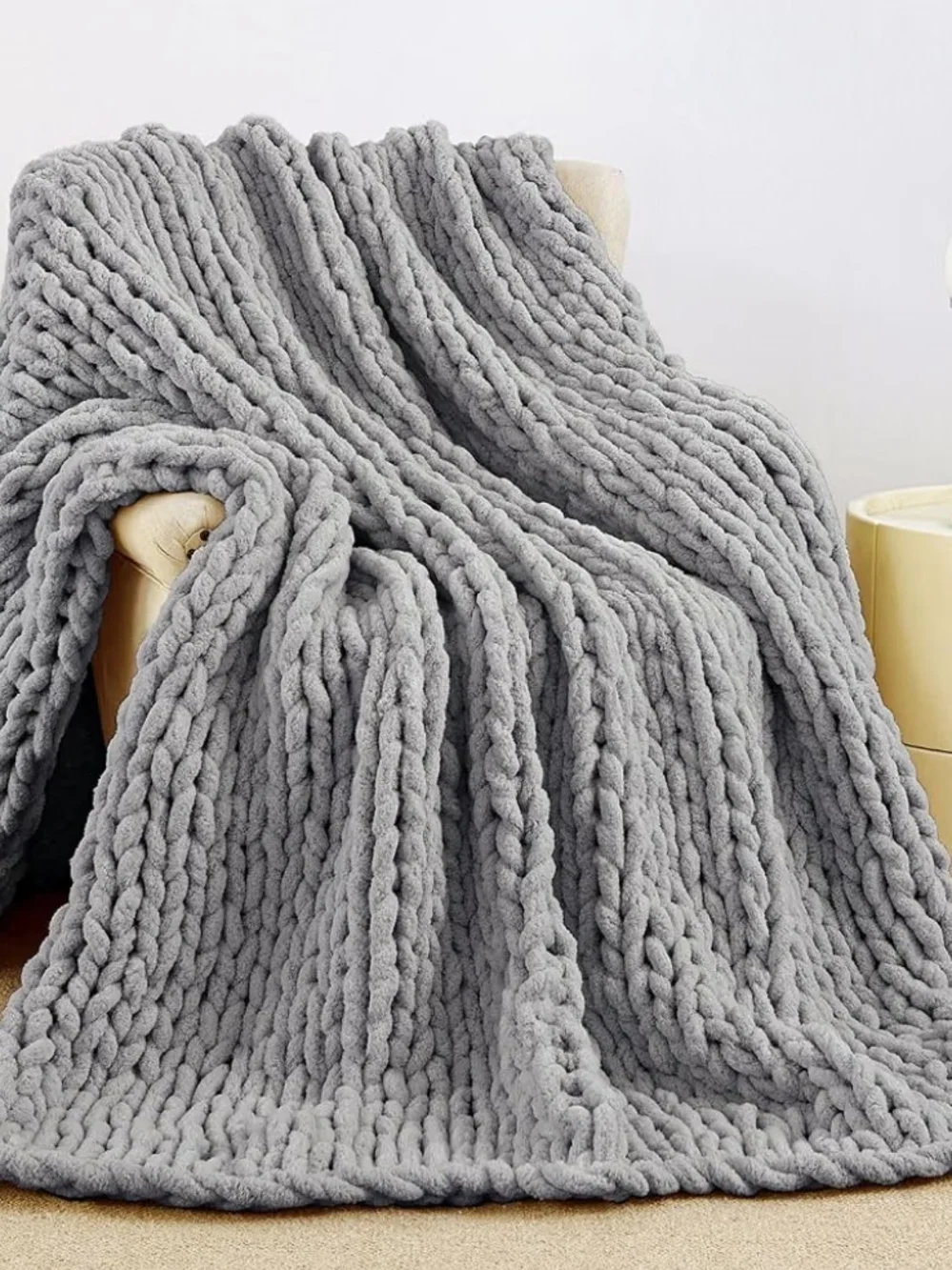 Cozy Chunky Knit Throw Blanket in Grey - Plush Comfort 51x63